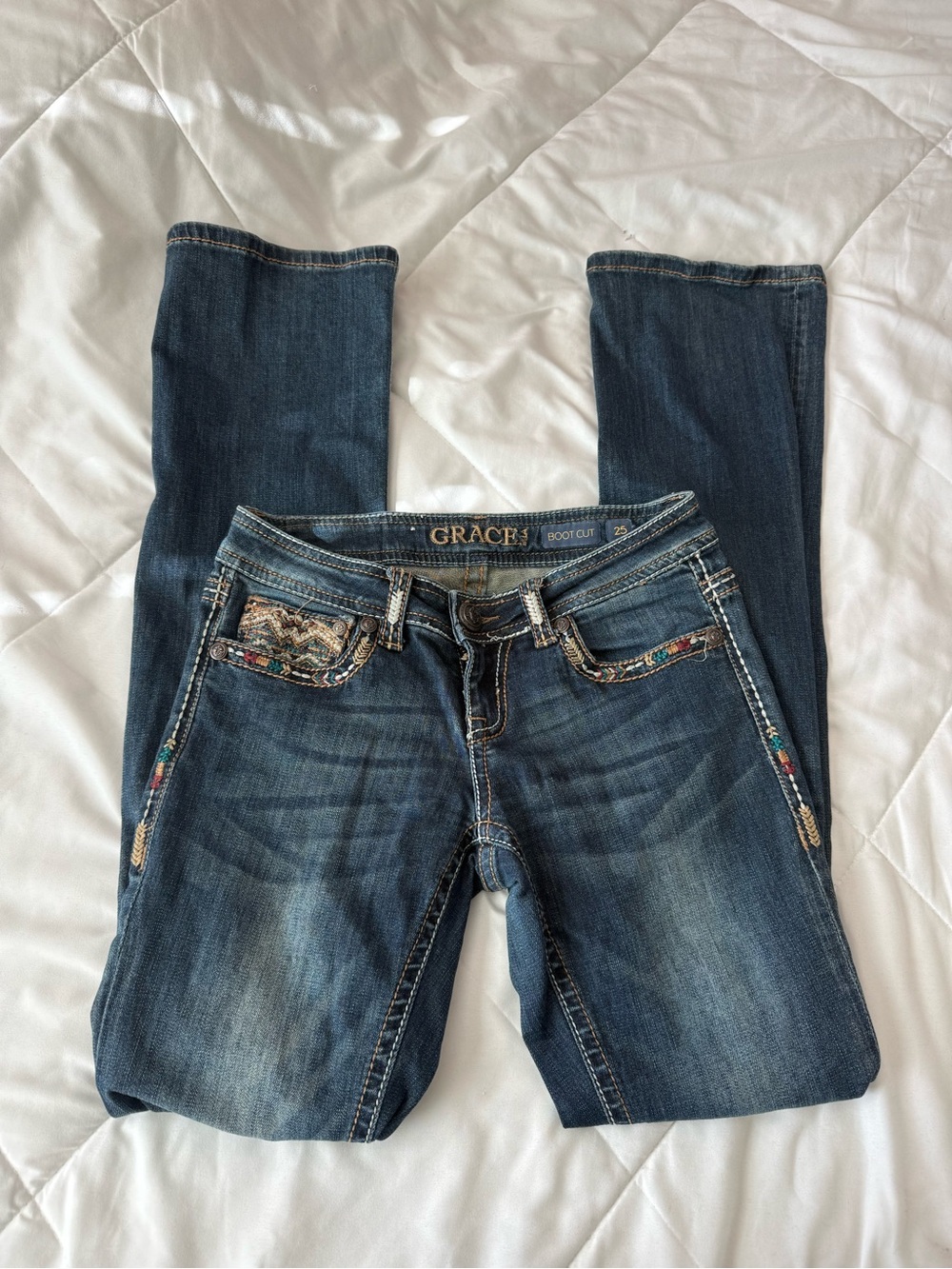 Grace Dark Blue Bootcut Jeans with Embroidered Pockets